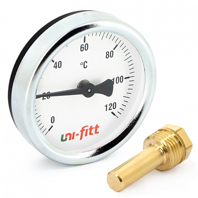 Термометр погружной аксиальный  120С, диаметр 63 мм,гильза 50 мм, 1/2" Uni-fitt за 1 руб. в интернет-магазине "ТУТинструменты.ру"